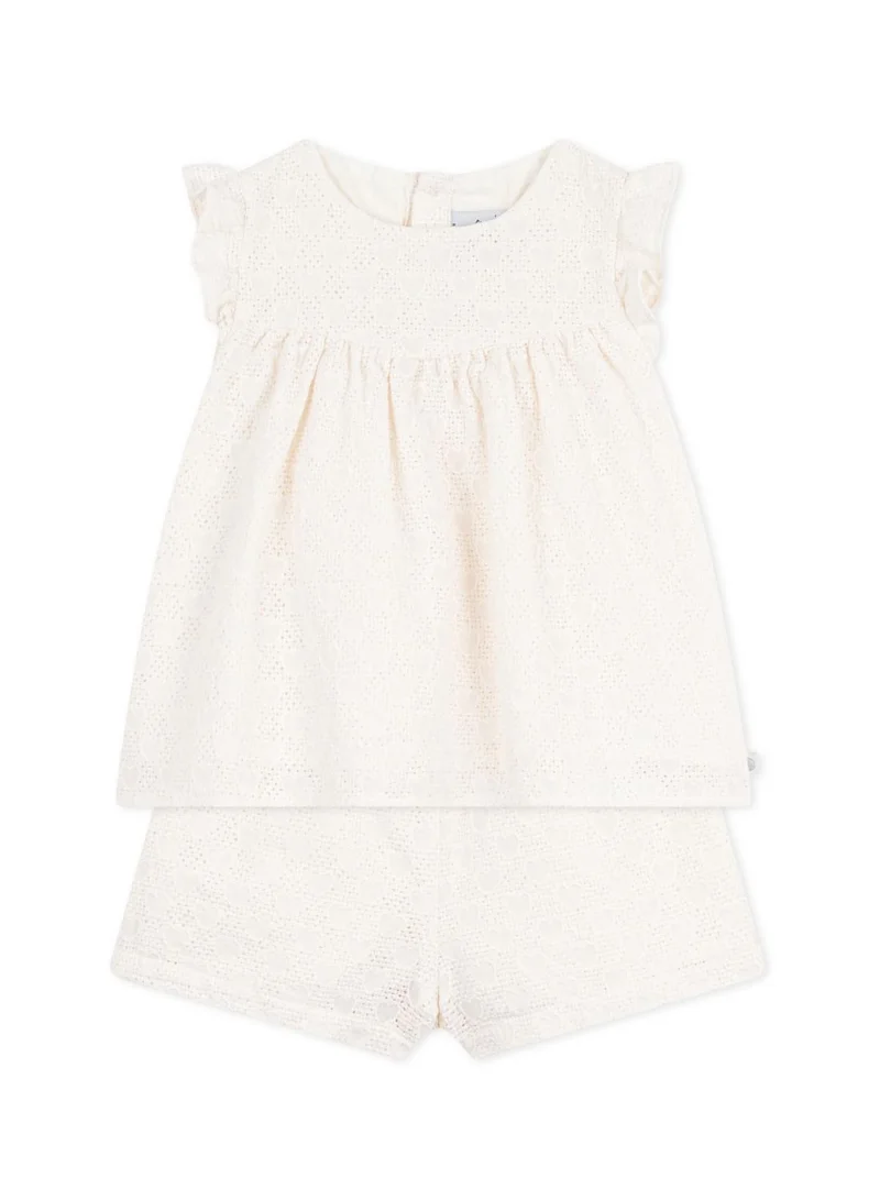 Petit Bateau Babies' 2-piece outfit in broderie anglaise, hearts design